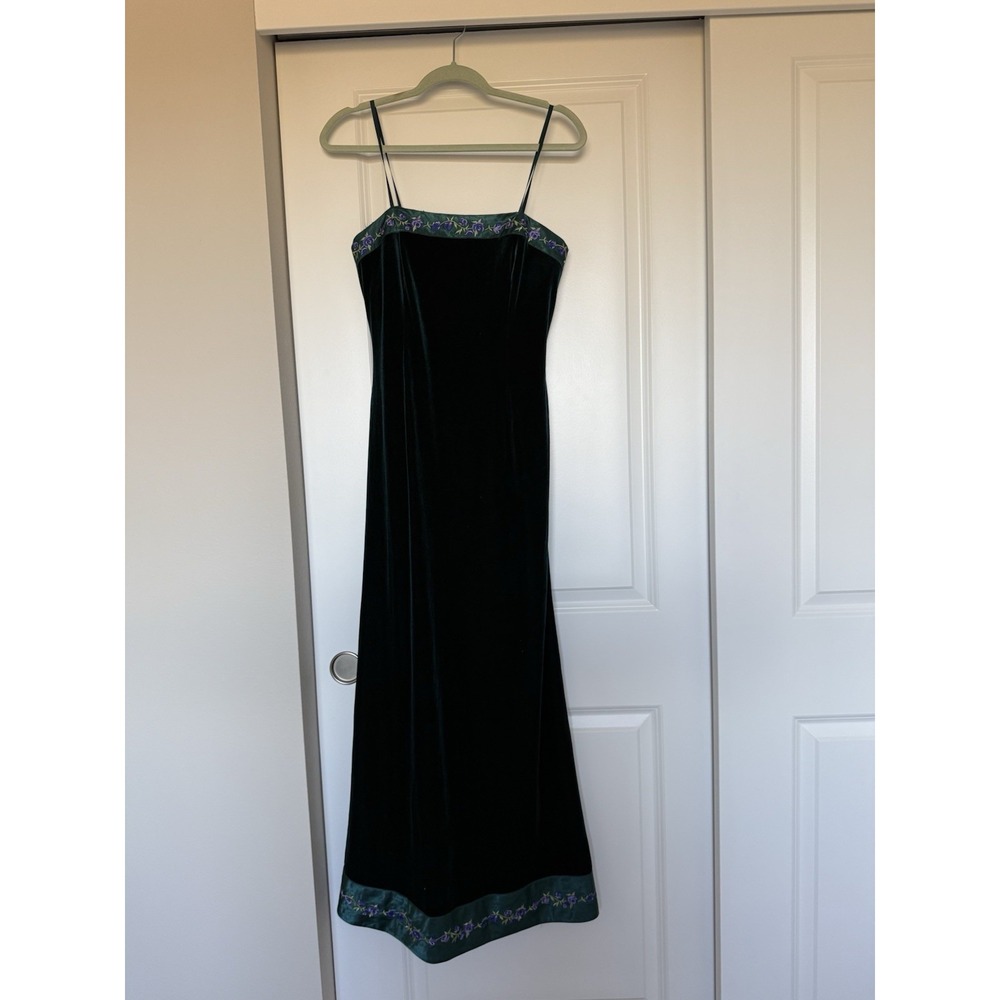 VTG Y2K papell boutique Evening‎  dress Green Velvet Maxi Floral Dress Size 6